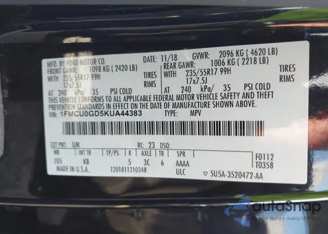 2019 Ford Escape Se z USA, uszkodzony, nr VIN 1FMCU0GD5KUA44383